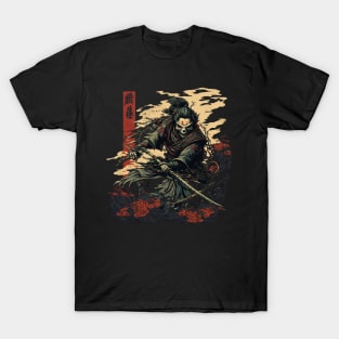 Deathly Defense A Skeleton Samurai's Battle-Ready Mask T-Shirt